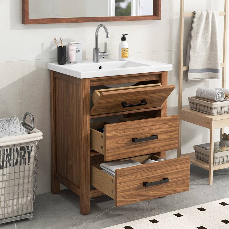Bathroom Vanity with Ceramic Basin Sink, Bathroom Storage Cabinet with 2 Drawers, Bathroom Vanities with 1 Tip-Out Drawer - Natural Wood