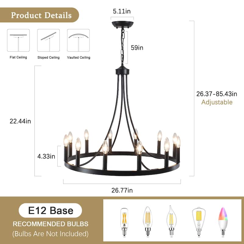 12-Light 26.77-inch Vintage Rustic Wagon Wheel Chandelier for Kitchen