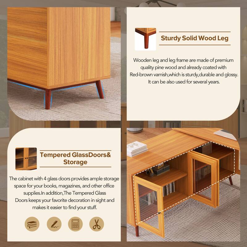66.5" Large Office Desk with Drawers, Modern L-shaped Desk with Delicate Tempered Glass Cabinet Storage, Business Desk