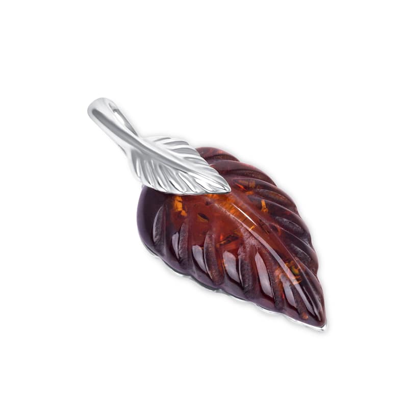 Baltic Amber Leaf Pendant Necklace in Sterling Silver