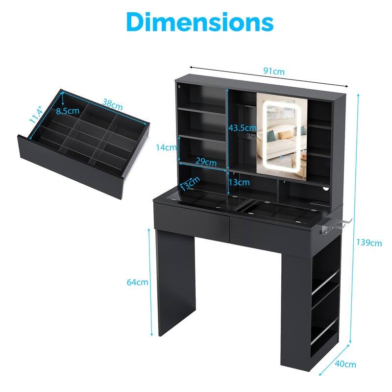 Particle Board Veneered, 2-drawer 3-compartment Left-right 3-tier Shelf, Glass Tabletop, Side Panel Storage Style Dressing Table