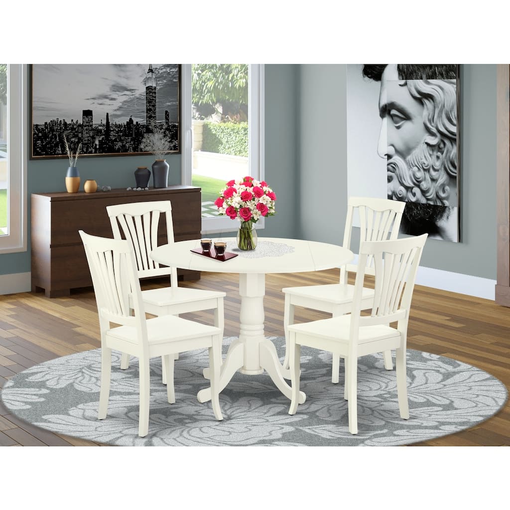 HomeStock 5-Piece Round Linen White Finish Solid Wood Top Dining table with 4 Chairs with Drop Leaf Slat Back