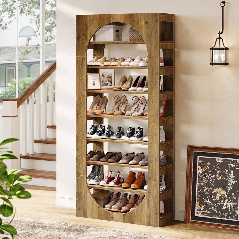 8-Tier Arched Shoe Rack, Wooden Shoe Cabinet, Large Capacity Shoe Organizer for Closet, Entryway, Hallway, Living Room - Brown