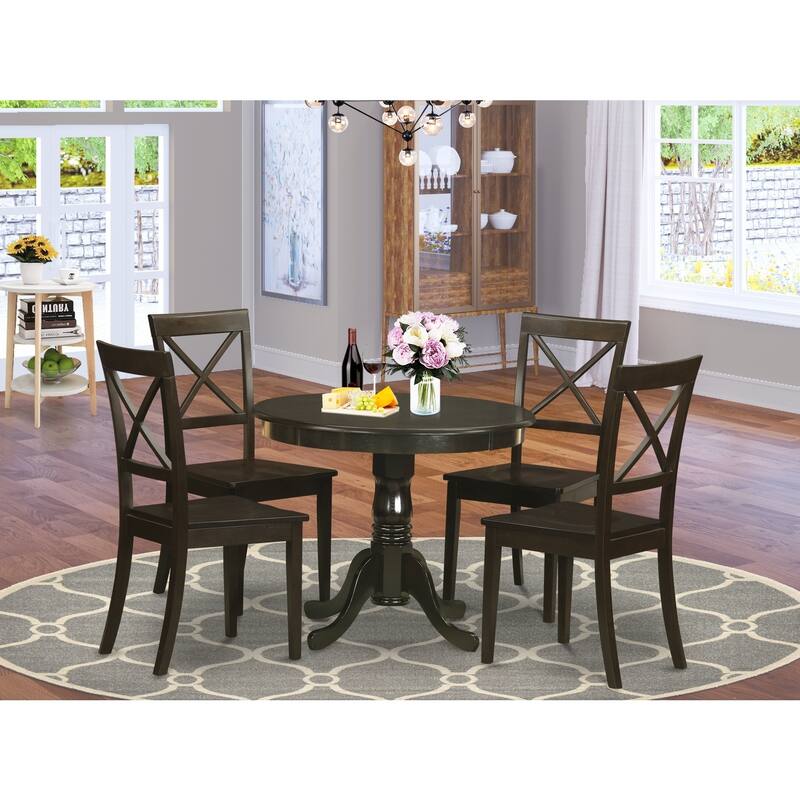 5-Piece Round Cappuccino Finish Solid Wood Top Dining table with 4-Chairs with