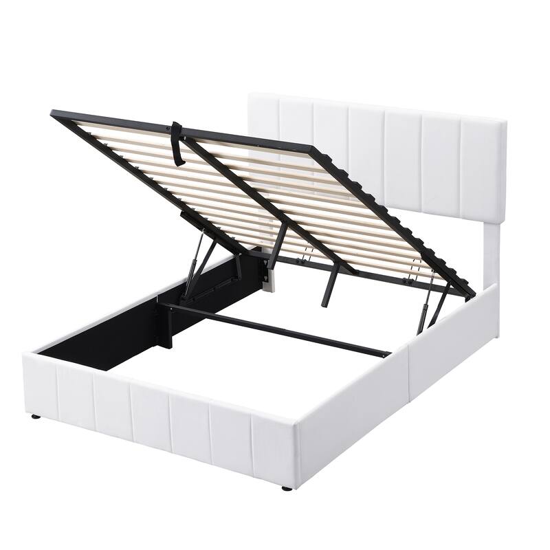 Hydraulic Lift Up Storage Bed, Linen Upholstered Platform Bed Frame with Vertical Panel Headboard, Wooden Slat Support