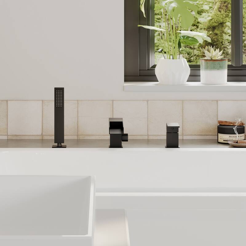 Bathtub Filler Faucet with Sprayer, Double-Handle Deck-Mount Roman Tub Faucet with Handshower, Pressure Balanced Valve Included