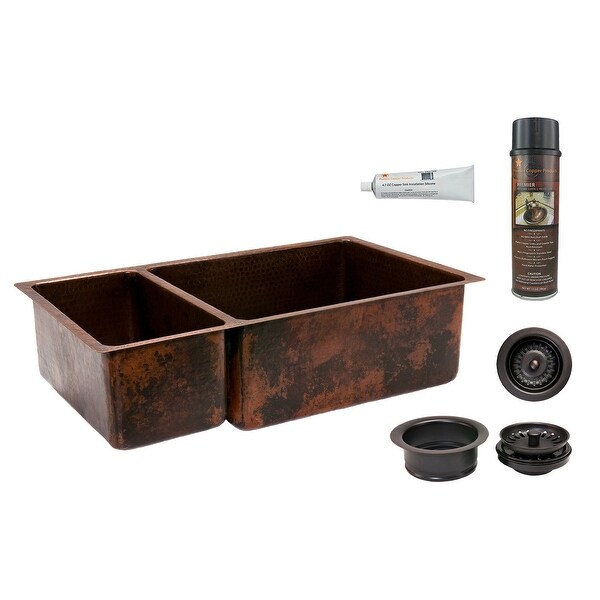 Premier Copper Products KSP3_K25DB33199 33" Double Basin Drop In / Undermount 14-Gauge Copper Kitchen Sink with Matching Drain