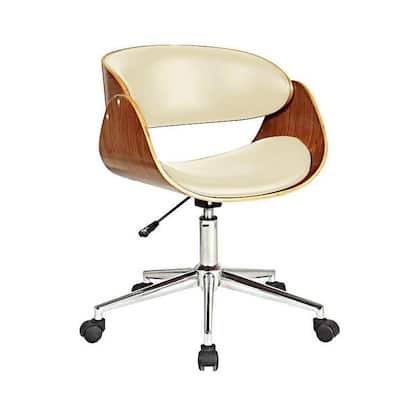 Beige Faux Leather Office Chair with Wood Frame, 360 Swivel Seat, Chrome Base and Rolling Wheels