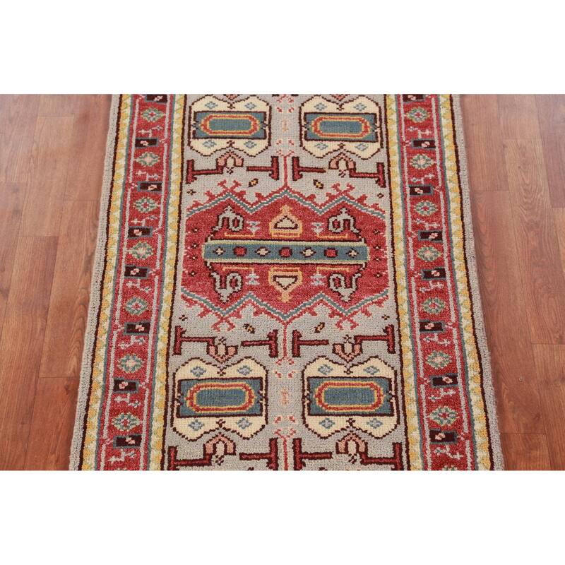 Hand Knotted Oriental 100% Wool Carpet Traditional Geometric Greys & Charcoal Heriz (serapi) Runner Rug - 7' 10'' X 2' 7''