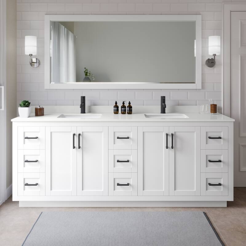 Wyndham Collection WCF292984D-QTZ-UNSMXX Miranda 84" Free Standing - White / White Quartz Top / Matte Black Hardware