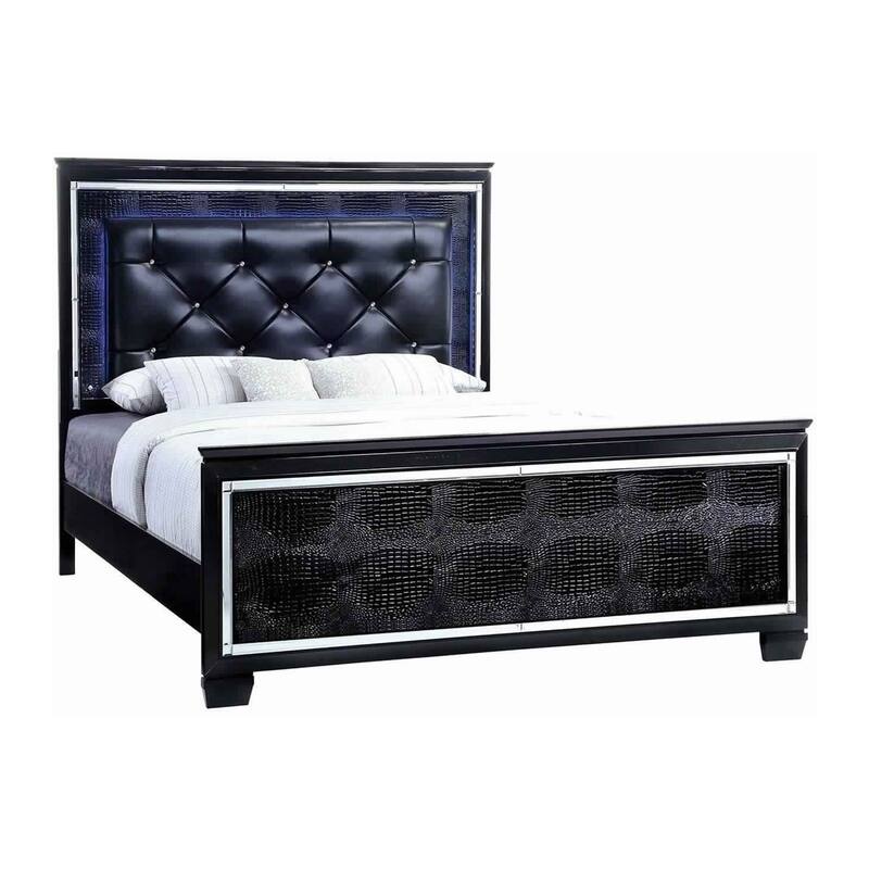 Kae 4 Piece King Bedroom Set, LED and Mirror Trim, Textured, Black