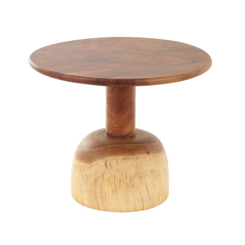 Brown Wood Handmade Side End Accent Table with Cylinder Block Base