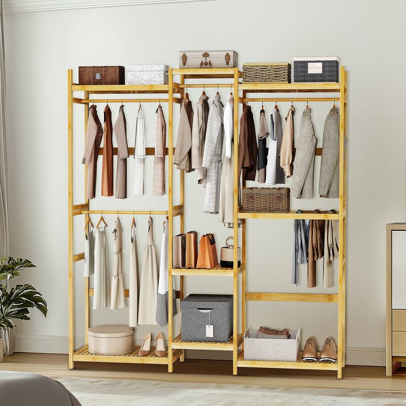 Large Bamboo Clothing Garment Rack Multi-tiered Wardrobe