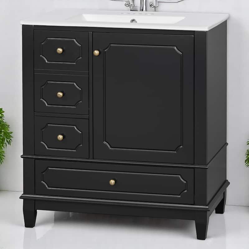 Freestanding 30 Inch Bathroom Vanity Cabinet with Sink, Soft-Close Door, Ceramic Top & Storage Shelves - Black