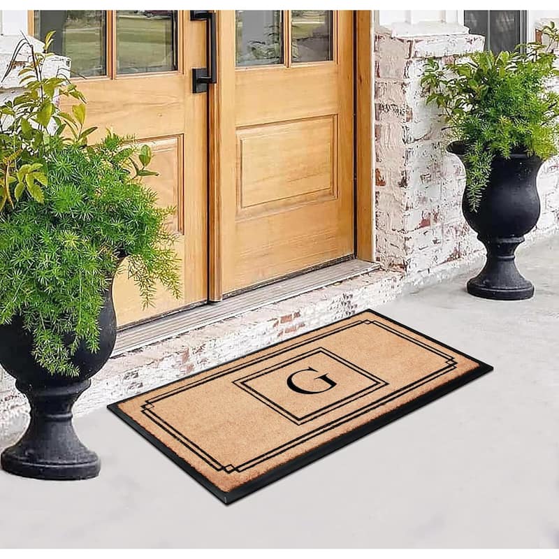 A1HC Natural Coir and Rubber Monogrammed Front Porch Entry Doormat 24"X48" Black/Beige