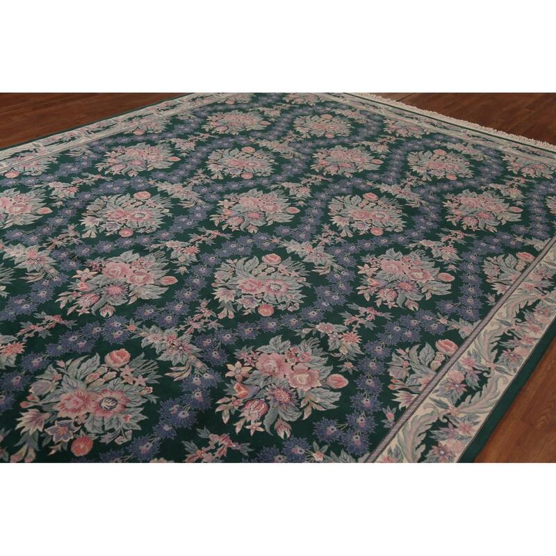 Vegetable Dye Green Aubusson Chinese Area Rug Hand-Knotted Wool Carpet - 8'11"x 12'2"