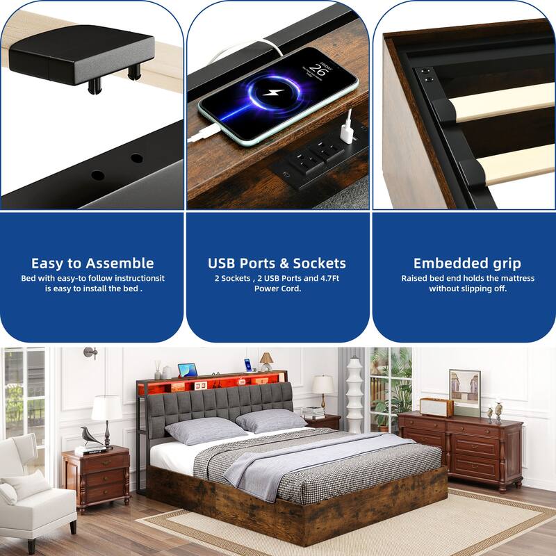 Moasis Lift-Up Storage Bed Frame with Charging Station & Storage Headboard