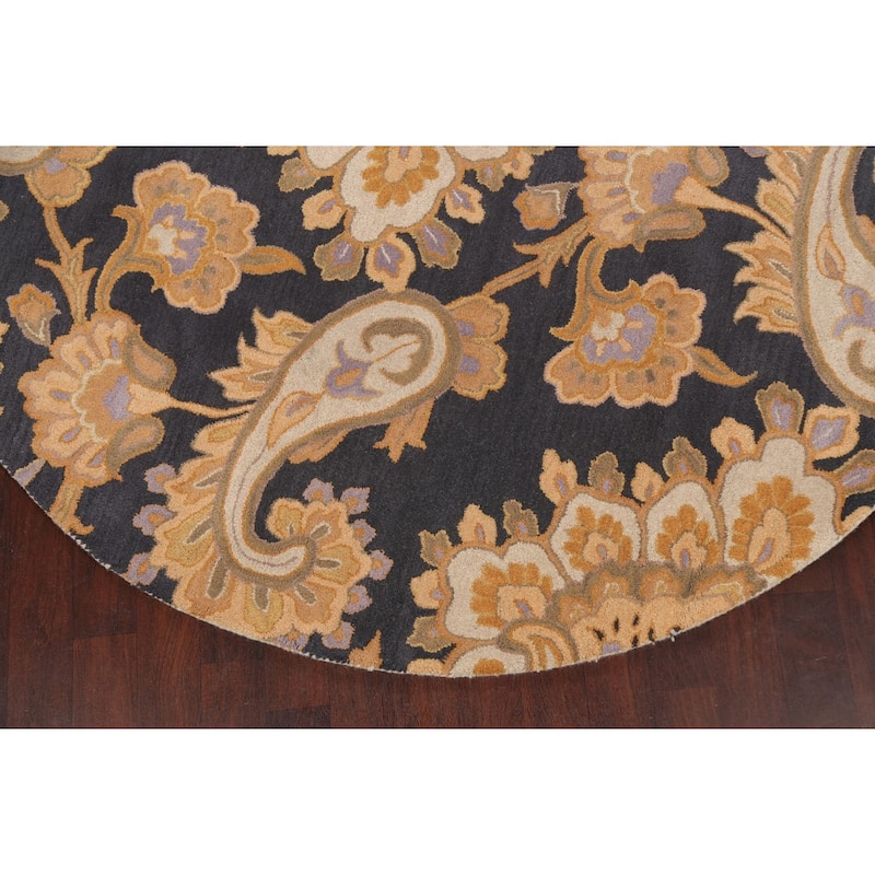 Charcoal Floral Paisley Oriental Area Rug Hand-tufted Wool Carpet - 8'0" x 8'0" Round
