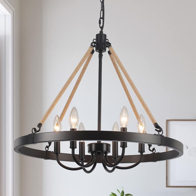6 - Light Rustic Farmhouse Wagon Wheel Candle Style Chandelier for Living Room Bedroom Dinging Room - Black