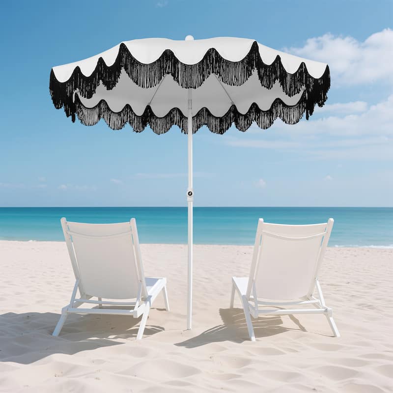 Mariner 6.5ft Classic Fringe Umbrella w/ Tilt & Bag - Blanco, White Pole