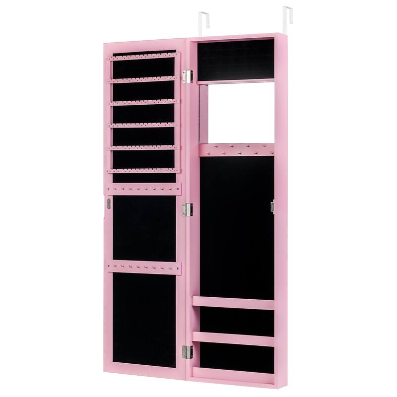 Wall Mounted or Door Hanging Jewelry Cabinet with Full Length Mirror and Inner Makeup Mirror - 12.5" x 3.7" x 43.5" - Pink