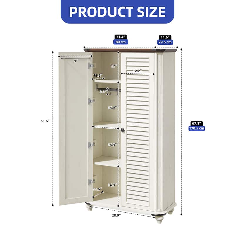 Farmhouse Pantry Cabinet with 4-Tier Storage Adjustable Shelves Two Magnetic Doors and Hooks for Kitchen Organization