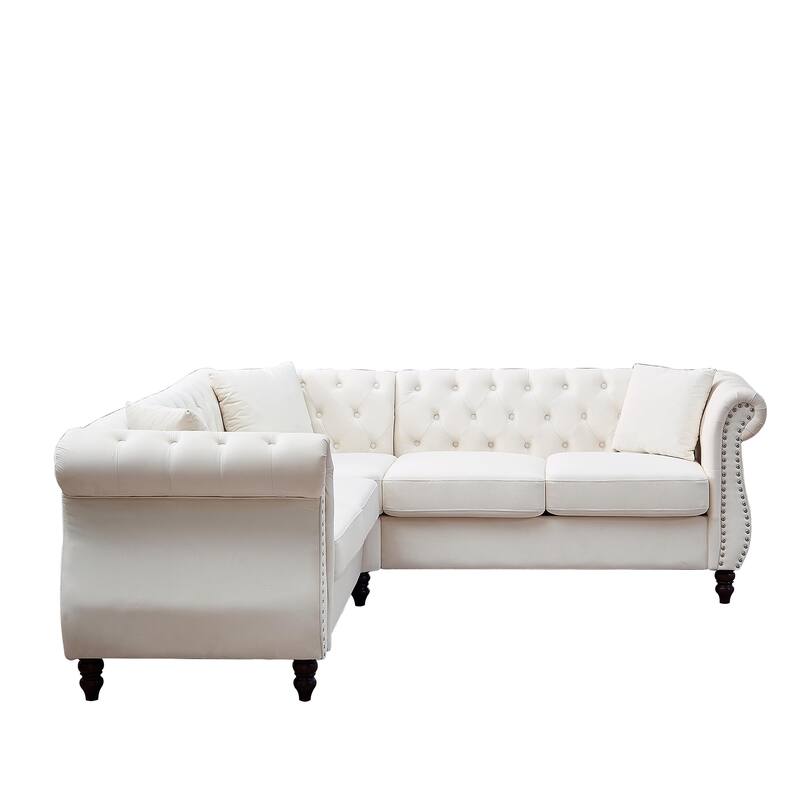 L-shape Corner Sectional Sofa with Button Tufted Back and 3 Pillows