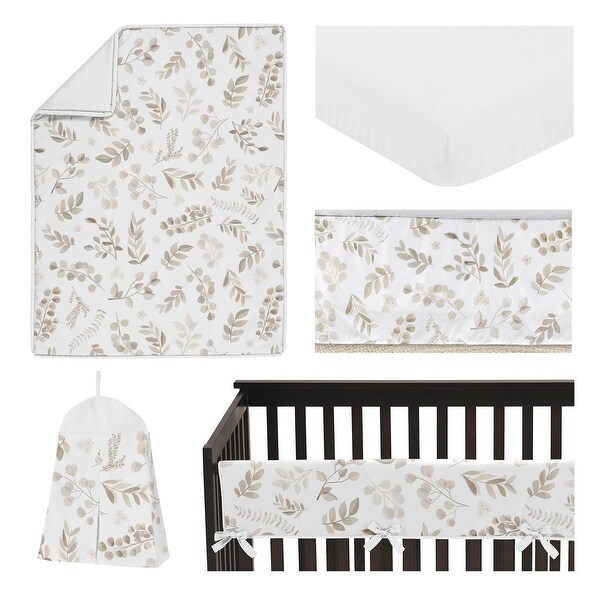 Floral Leaf Boy Girl 5pc Nursery Crib Bedding Set - Ivory Cream 