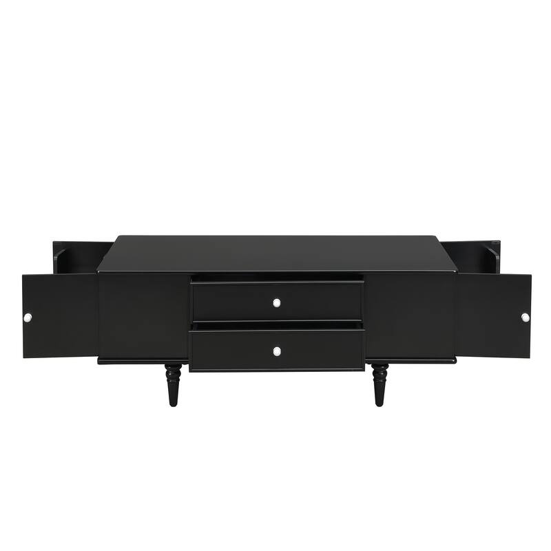 Modern Rectangle Coffee Table with 4 Drawers & 2 Side Hidden Storage Compartments, Center Table with 4 Solid Wood Legs