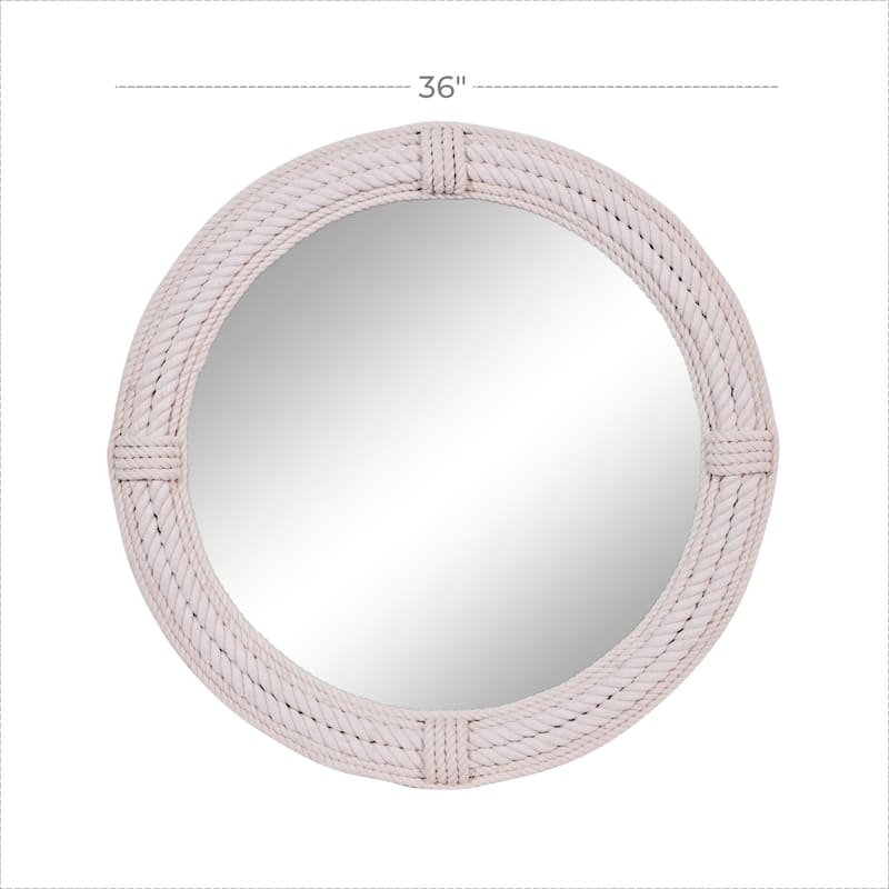 Wooden Coiled Rope Wall Mirror with Wrapped Rope Accents - White - Roche River Decor - 3"W x 36"L x 36"H