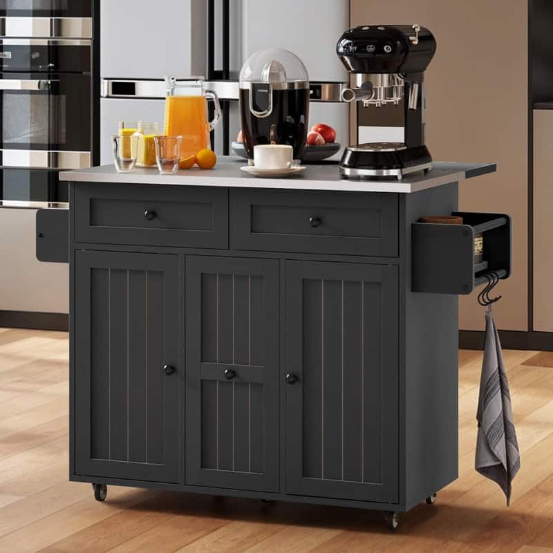 Moasis Mobile Kitchen Island Cart with Stainless Steel Ffolding Tabletop and Storage - Portable - Black
