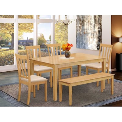 HomeStock 6-Piece Rectangle Natural Oak Finish Solid Wood Top Dining Table with 1 Bench, 4 Chairs with Lattice Back