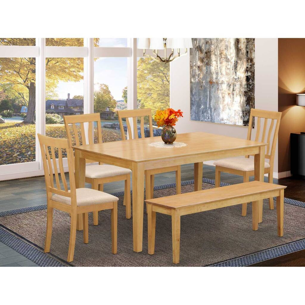 HomeStock 6-Piece Rectangle Natural Oak Finish Solid Wood Top Dining Table with 1 Bench, 4 Chairs with Lattice Back