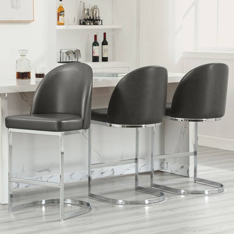 26" Upholstered Counter Stool/ Bar Stools with Metal Legs - 38.8"H x 17.9"W x 20.9"D - Set of 3 - Grey