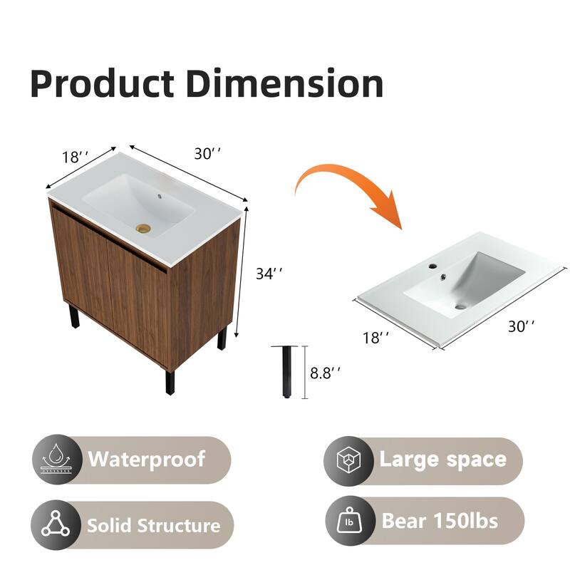 30 Inch Bathroom Vanity with Sink, Floor Standing Cabinet with Soft-Close Drawers and Modern Storage Design