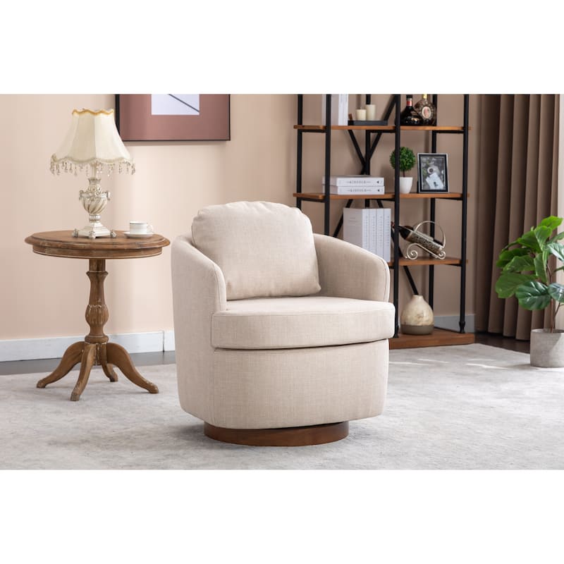 Fabric Swivel Accent Chair With Soild Wood Round Brown Base Leg - Beige