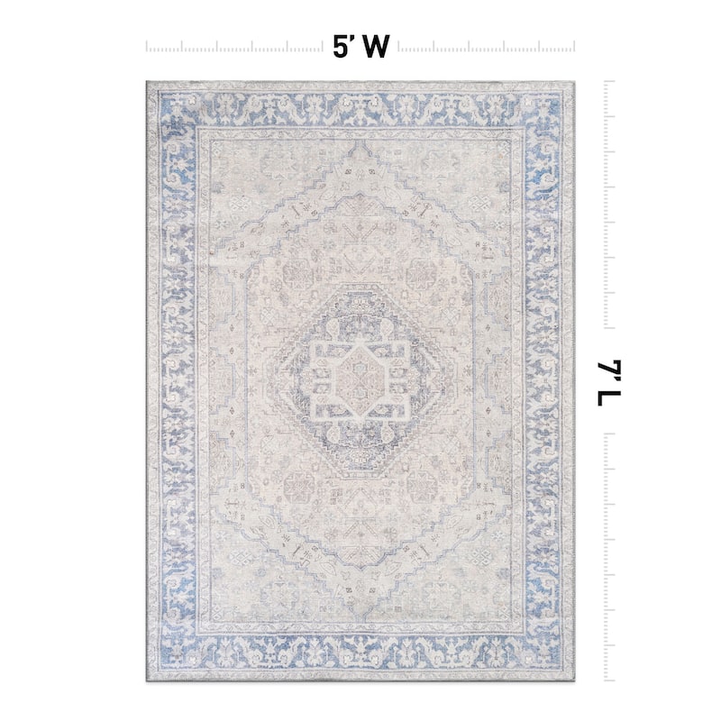 Beige Medallion Flat Pile Washable Rug - Pet Friendly, Non-Slip for Entryway and Bedroom