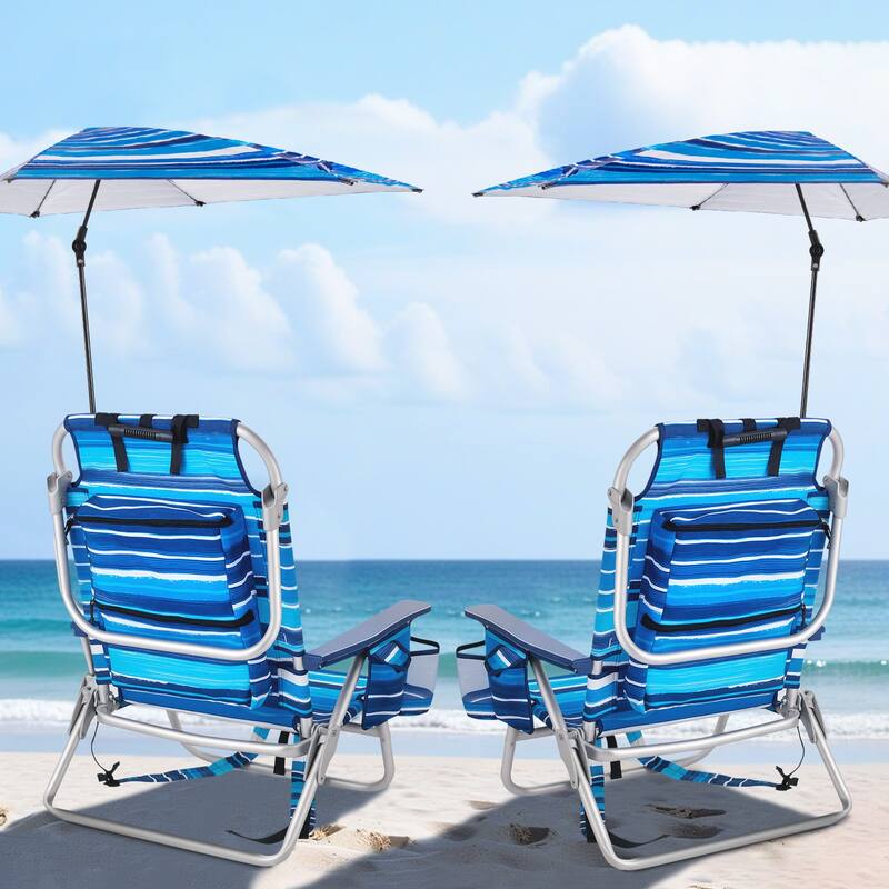 BOSSIN Outdoor Beach Chairs with Umbrella,Folding Backpack Beach Chair with Pockets and Cup Holder,Adjustable height Towel Rack - 2pcs-Light Blue