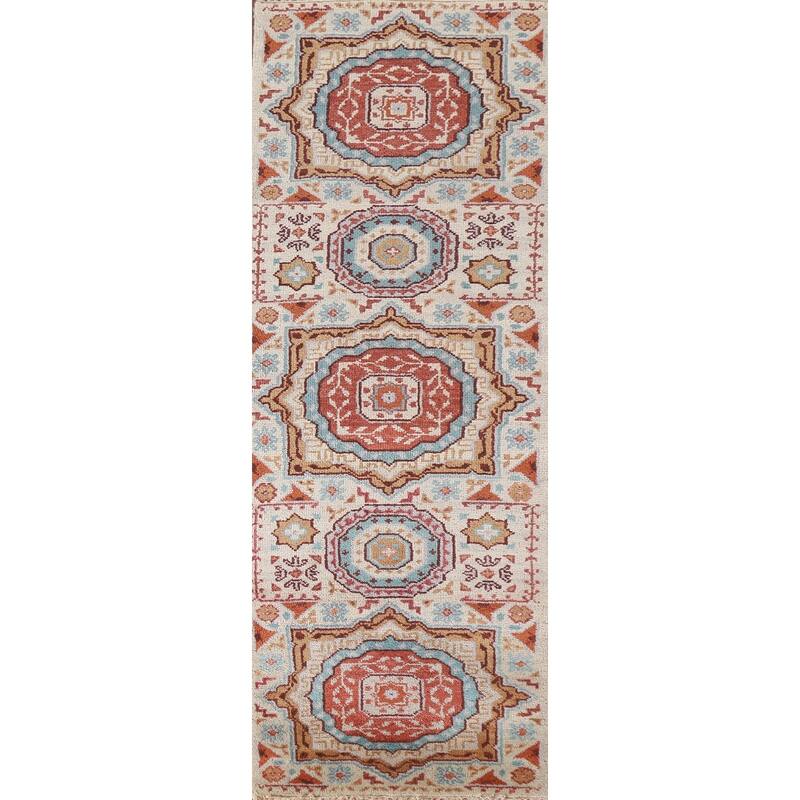 Geometric Beige Kazak Runner Rug Hand-knotted Wool Carpet - 2'6"x 7'10"