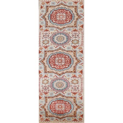 Geometric Beige Kazak Runner Rug Hand-knotted Wool Carpet - 2'6"x 7'10"