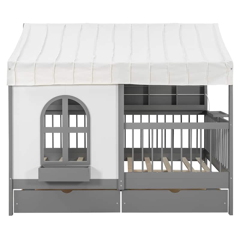 Full Size House Bed Wood Platform Bed with Tent and 21.7 inch Rail, LED Kids Bed with 2 Drawers Side Bookshelf Integrated Socket