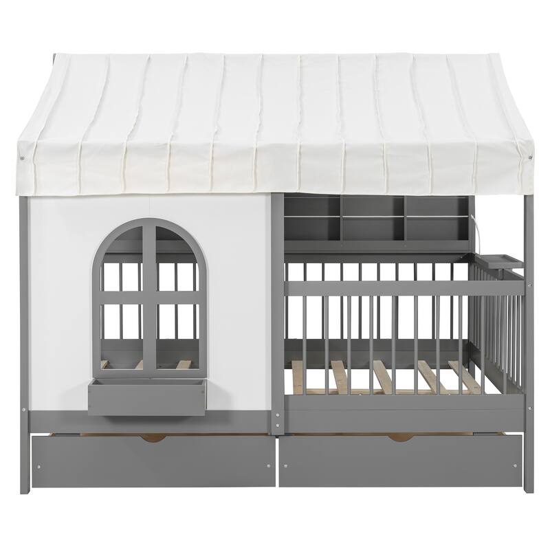 Roomfitters Full Size House Bed with Tent and LED Bookshelf, 2 Drawers