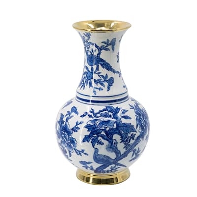 Large Chinoiserie Floral and Bird Porcelain Vase 16" White and Blue