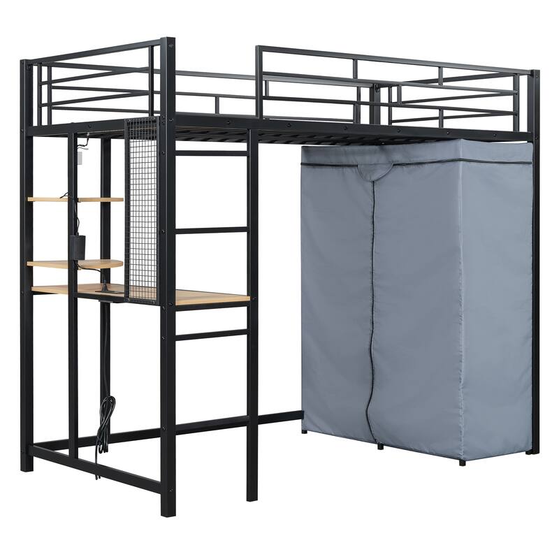 Full Size Metal Loft Bed with Workstation Desk, Built-In Shelves, LED Light Strip, Power Outlet & Hanging Wardrobe Storage