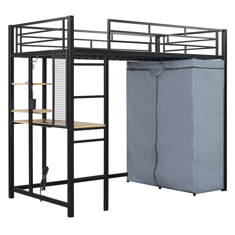 Heavy Duty Metal Twin Loft Bed with L Shaped Desk and Shelves