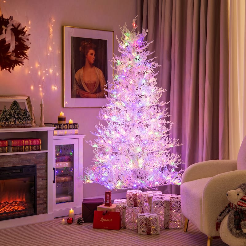 Gymax 6 FT Pre-Lit Artificial Christmas Tree White Hinged Xmas Tree w/ - 6 Foot