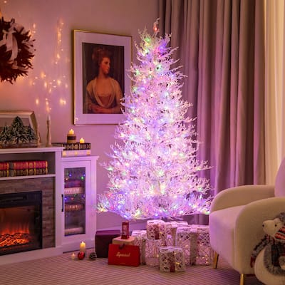 Gymax 6 FT Pre-Lit Artificial Christmas Tree White Hinged Xmas Tree w/