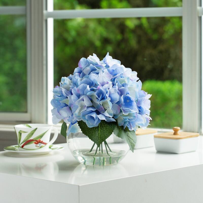 Hydrangea Artificial Flowers in Round Glass Vase with Faux Water, Silk Flower Arrangements in Vase for Home Decor, Wedding Table