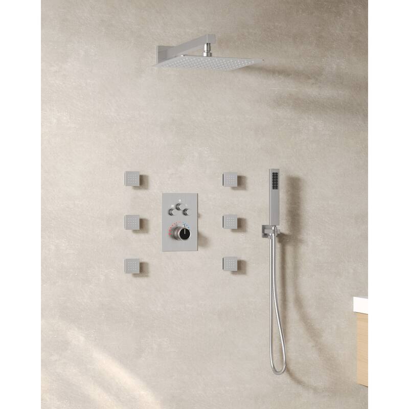 Thermostatic Shower System 12" Rain Shower Head with High Pressure Handheld Spray