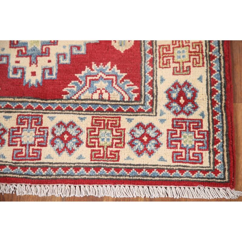 Hand Knotted Oriental 100% Wool Carpet Traditional Geometric Red Kazak Runner Rug - 6' 8'' X 2' 9''